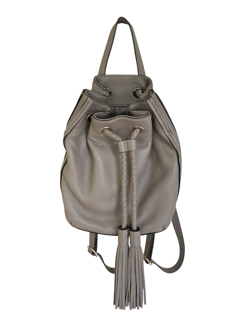 Rebecca Minkoff Isobel Bucket Backpack Taupe Pebbled Leather Tassel Drawstring